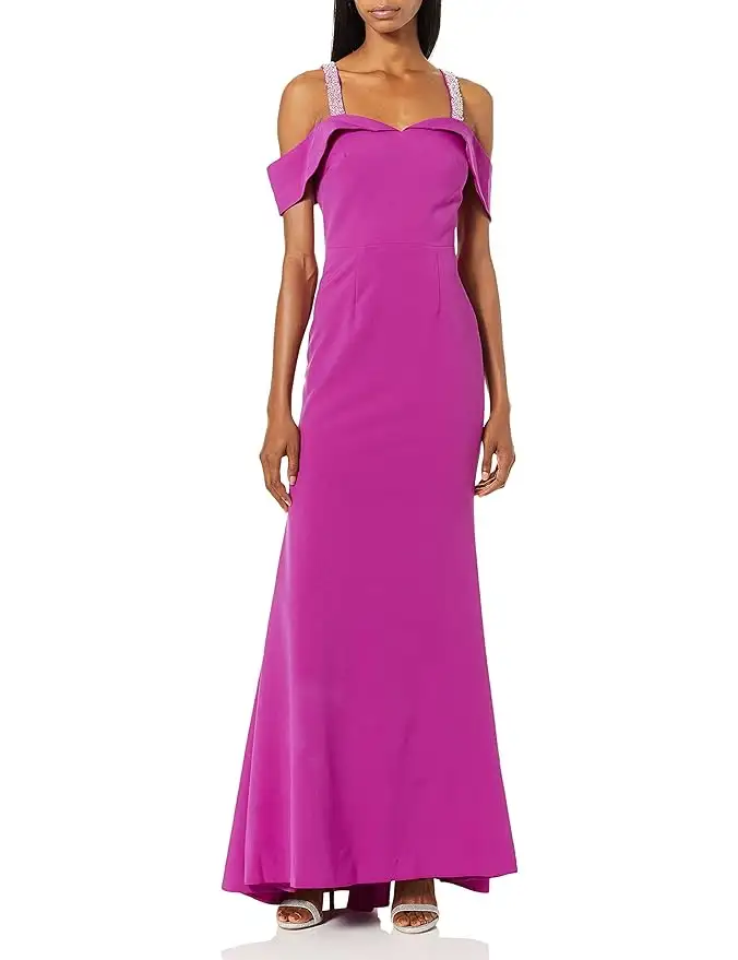 JS Boutique Womens Sweetheart Crepe Off The Shoulder Gown with Beaded Straps